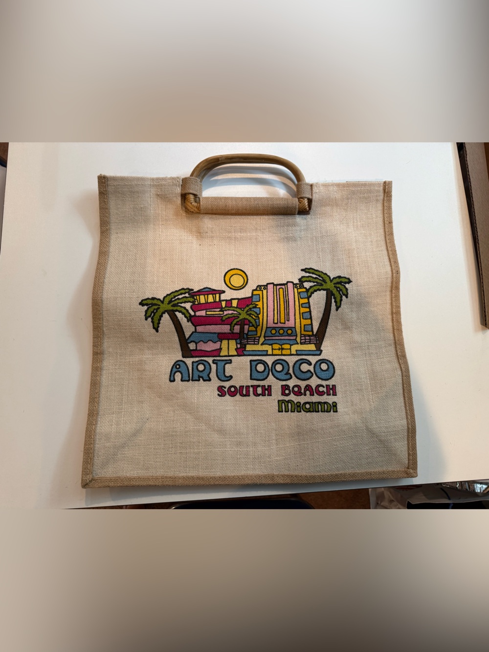 Art Deco South Beach Miami Canvas Tote - Beige with Colorful Print NWOT
